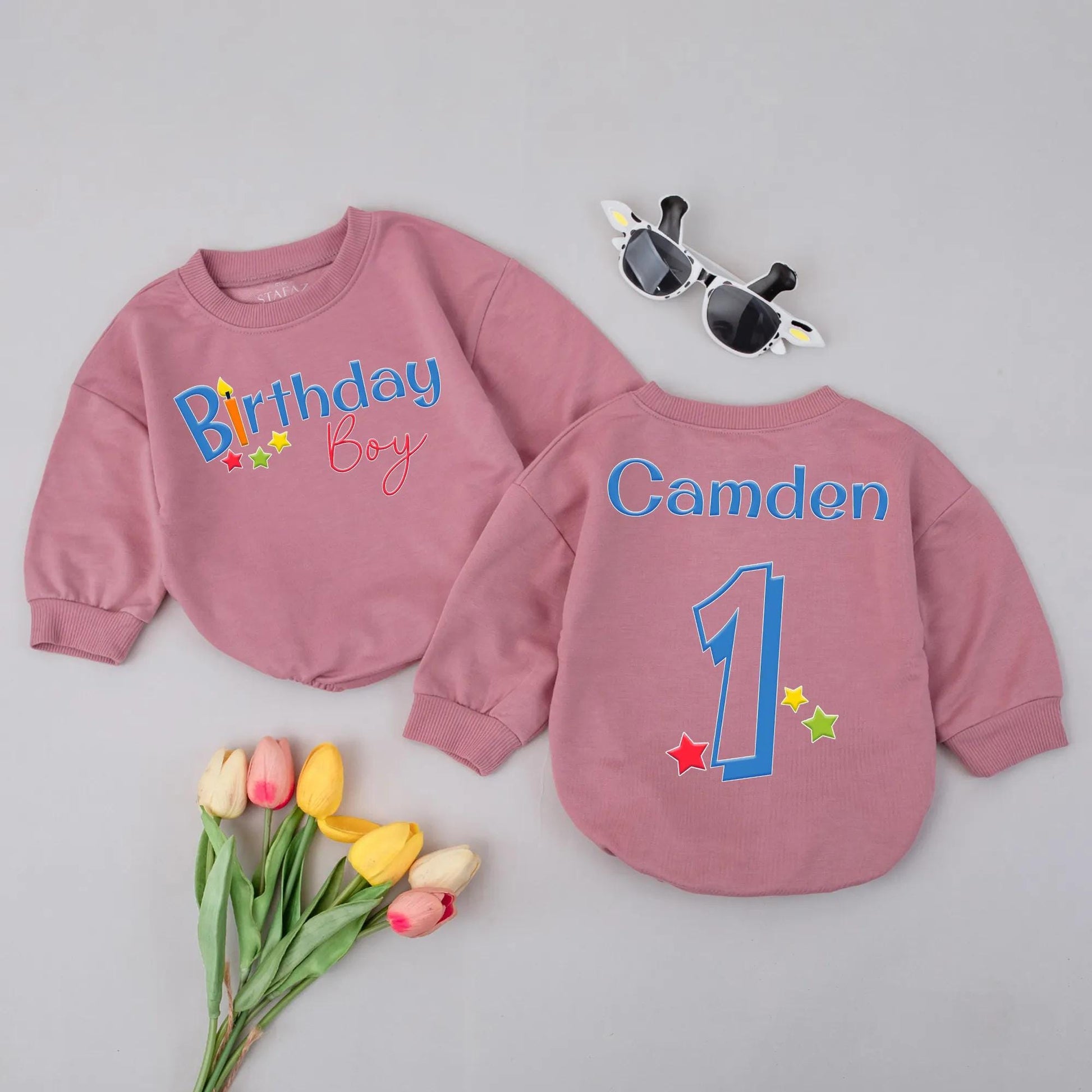 First Birthday Boy Romper: 'Birthday Boy' in Blue & Red, with Stars! Custom Camden '1' Outfit, Cake Smash, 1 Year Old Gift