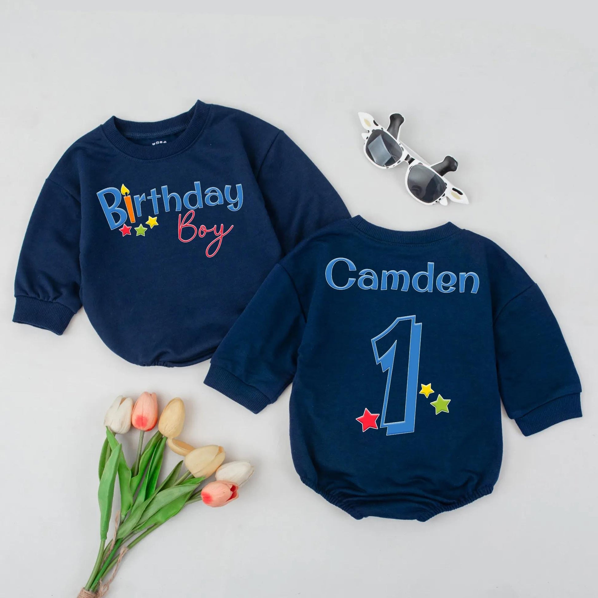 First Birthday Boy Romper: 'Birthday Boy' in Blue & Red, with Stars! Custom Camden '1' Outfit, Cake Smash, 1 Year Old Gift