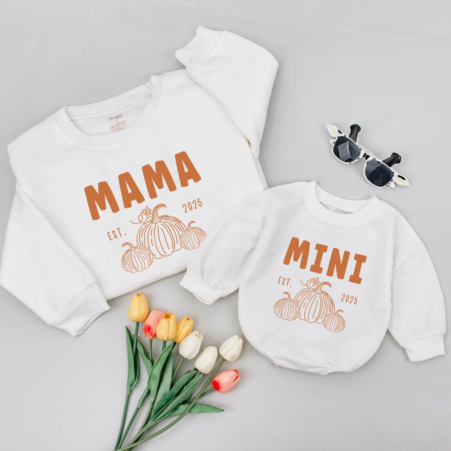 Mama & Mini Pumpkin Patch Birthday Matching Sweatshirts: First Birthday Outfit EST 2025, Fall Family Thanksgiving Celebration, Mommy and Me Romper Set