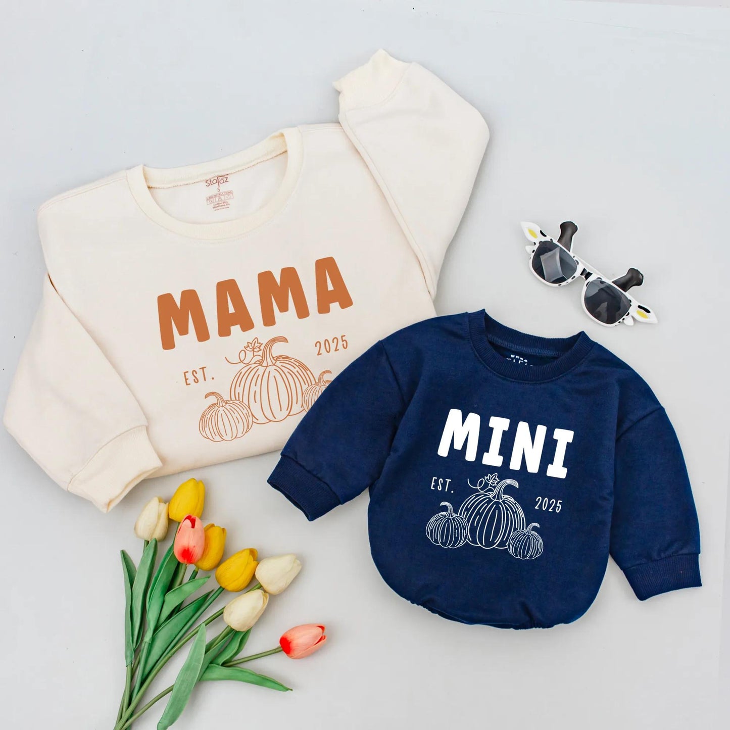 Mama & Mini Pumpkin Patch Birthday Matching Sweatshirts: First Birthday Outfit EST 2025, Fall Family Thanksgiving Celebration, Mommy and Me Romper Set
