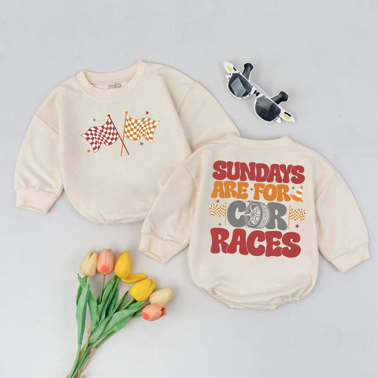 Sundays Are For Car Races Bubble Romper retro racing baby outfit checkered flags stars vintage style car wheel graphic bodysuit orange rust red gray sport theme baby shower gift