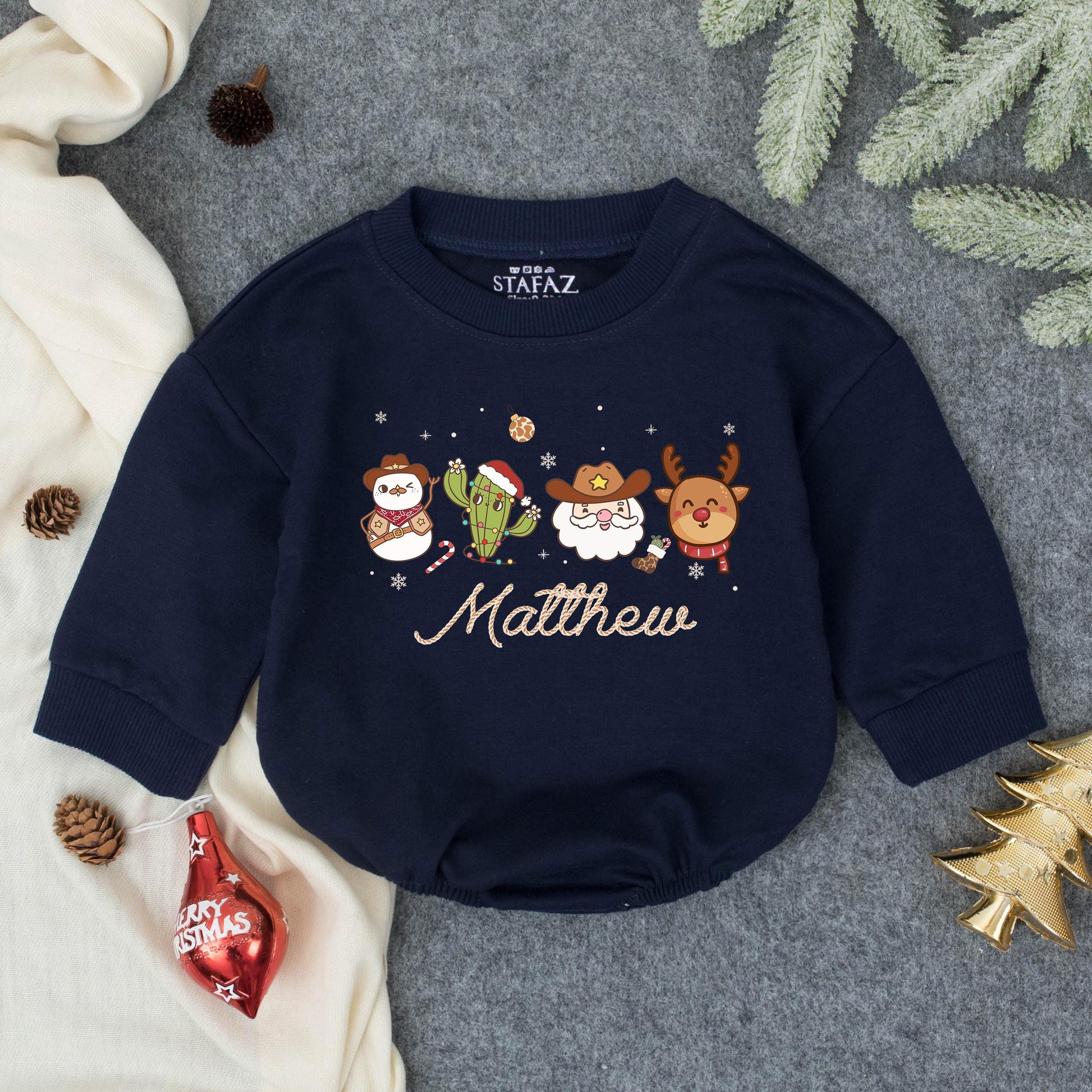 Personalized Howdy Christmas Romper, Festive Cowboy Baby Outfit with Name, Santa Cactus Reindeer, Custom First Christmas Gift Set, Holiday Bodysuit