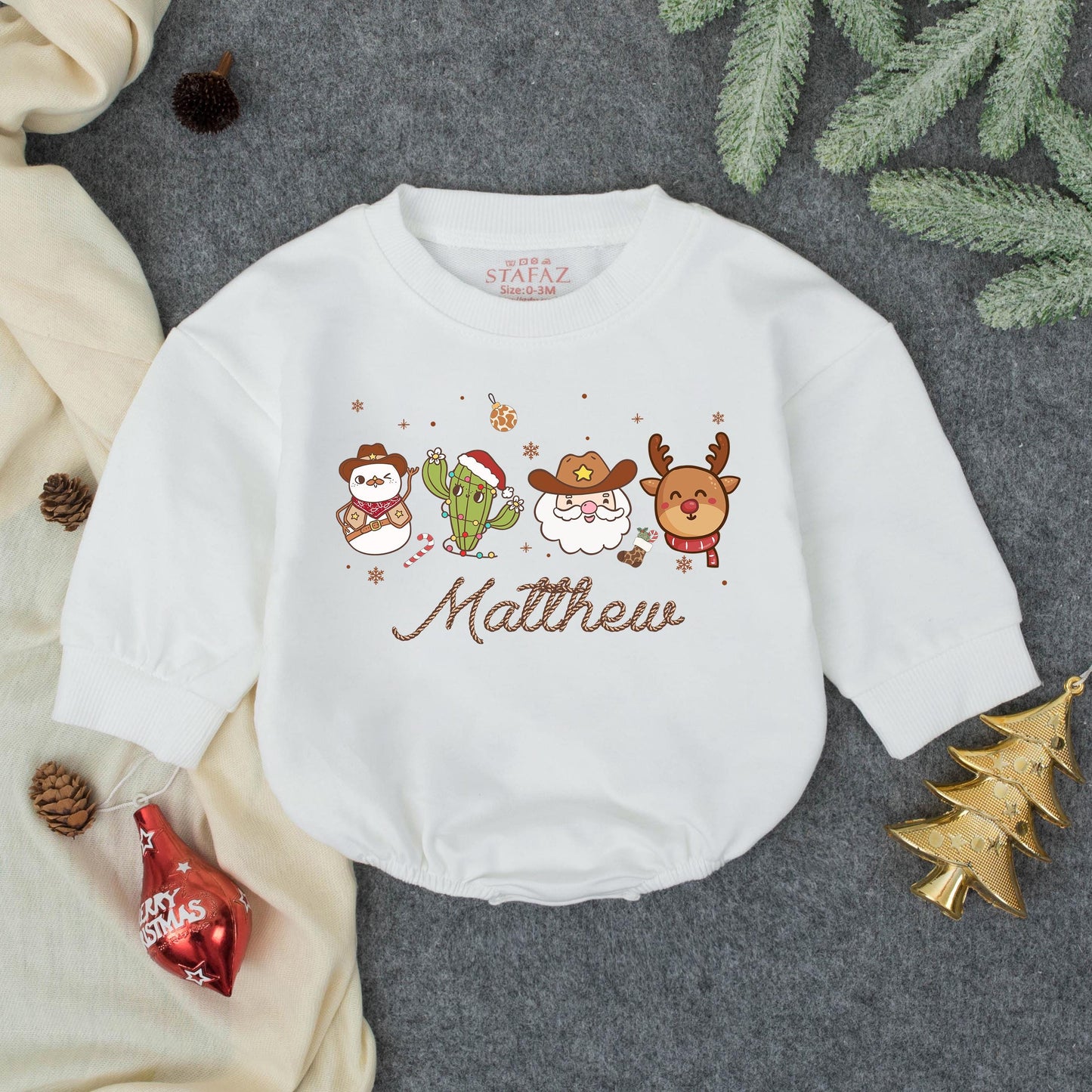 Personalized Howdy Christmas Romper, Festive Cowboy Baby Outfit with Name, Santa Cactus Reindeer, Custom First Christmas Gift Set, Holiday Bodysuit
