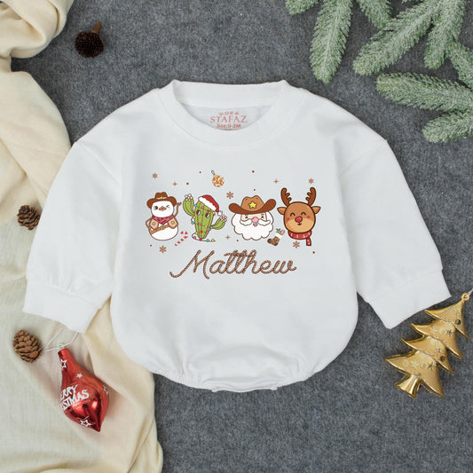 Personalized Howdy Christmas Romper, Festive Cowboy Baby Outfit with Name, Santa Cactus Reindeer, Custom First Christmas Gift Set, Holiday Bodysuit