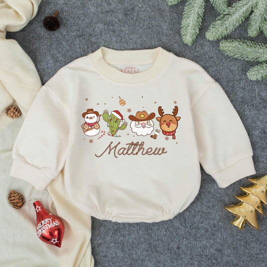 Personalized Howdy Christmas Romper, Festive Cowboy Baby Outfit with Name, Santa Cactus Reindeer, Custom First Christmas Gift Set, Holiday Bodysuit