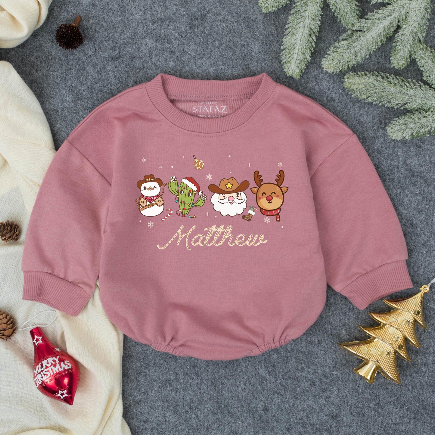 Personalized Howdy Christmas Romper, Festive Cowboy Baby Outfit with Name, Santa Cactus Reindeer, Custom First Christmas Gift Set, Holiday Bodysuit