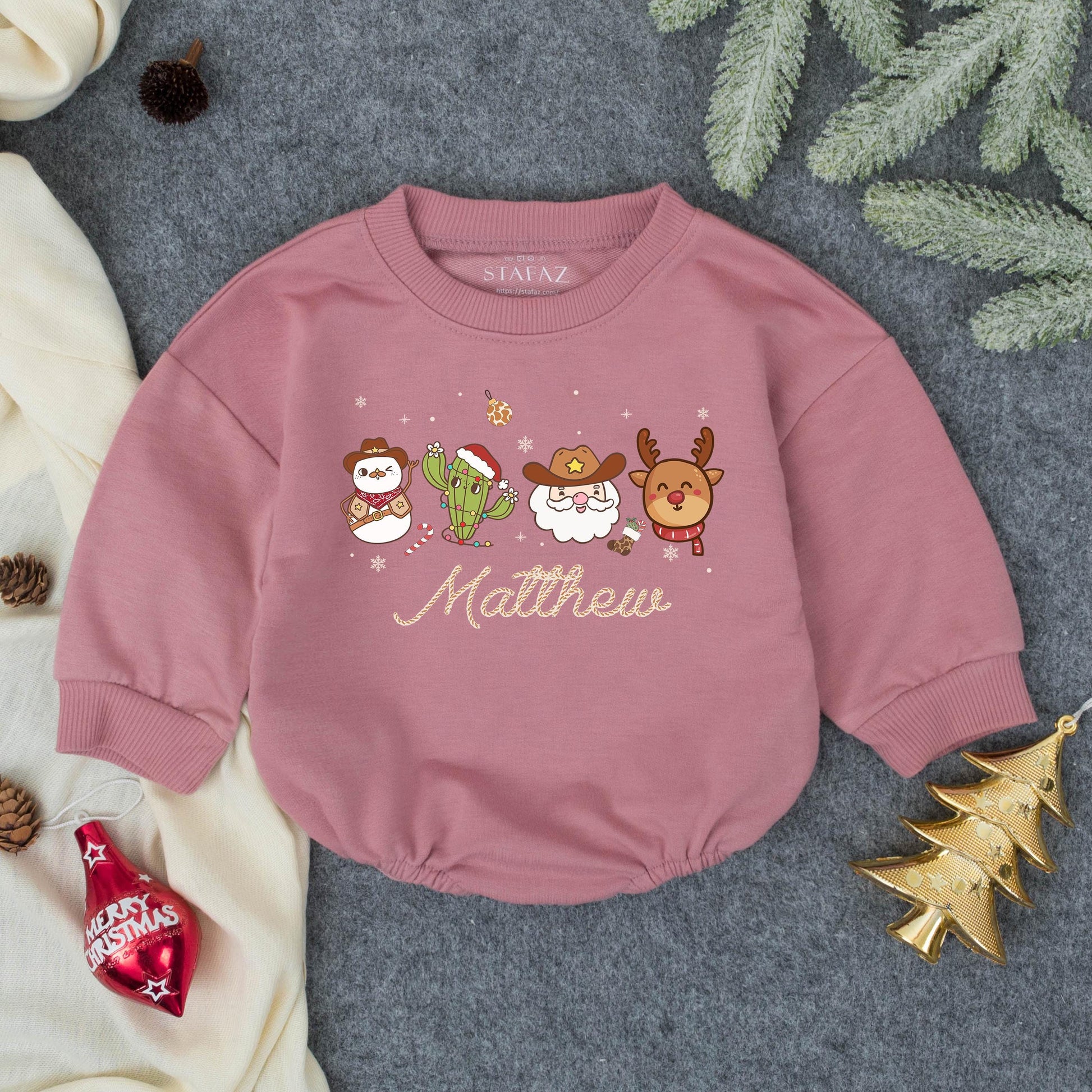 Personalized Howdy Christmas Romper, Festive Cowboy Baby Outfit with Name, Santa Cactus Reindeer, Custom First Christmas Gift Set, Holiday Bodysuit