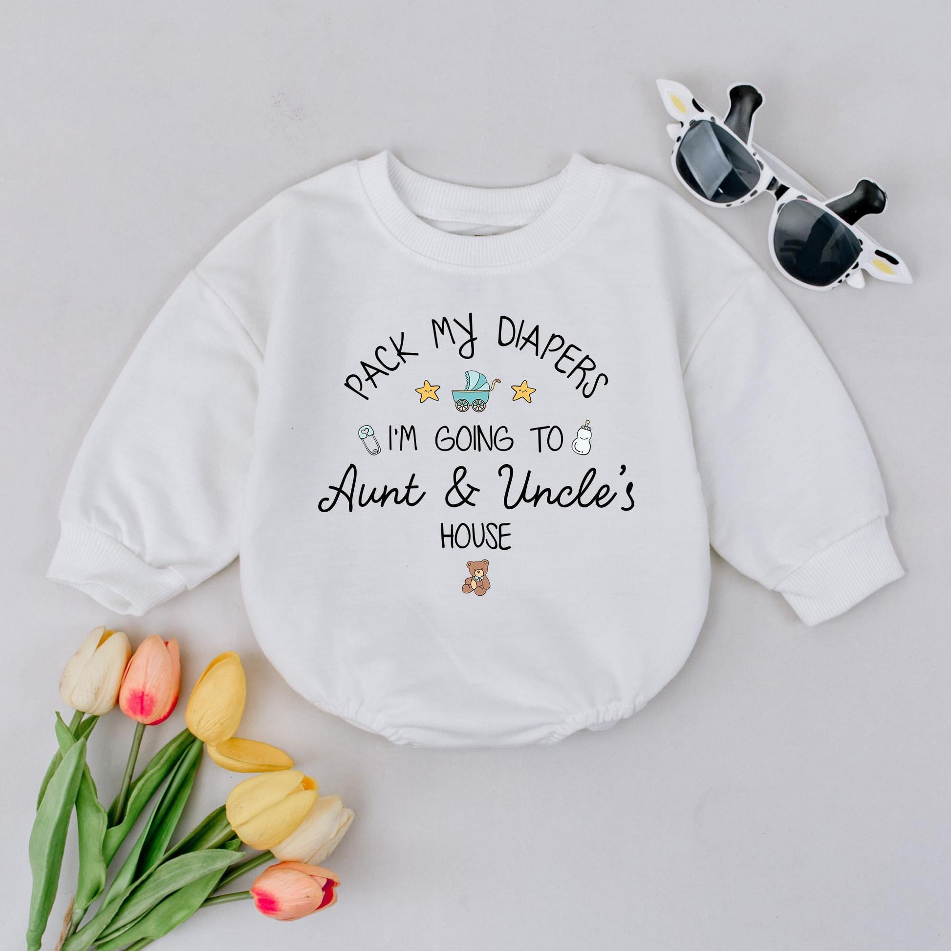 Personalized Pack My Diapers I’m Going to Aunt & Uncle’s House Baby Romper Funny Announcement Bodysuit with Blue Carriage Yellow Stars