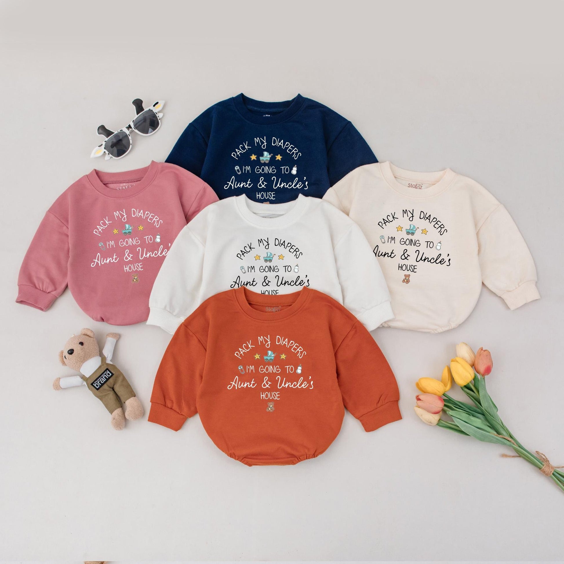 Personalized Pack My Diapers I’m Going to Aunt & Uncle’s House Baby Romper Funny Announcement Bodysuit with Blue Carriage Yellow Stars