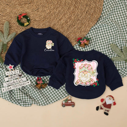 Personalized Pink Christmas Santa Bubble Romper Baby Girl Outfit, Custom Name Holiday Gift, 1st Christmas Baby Clothes