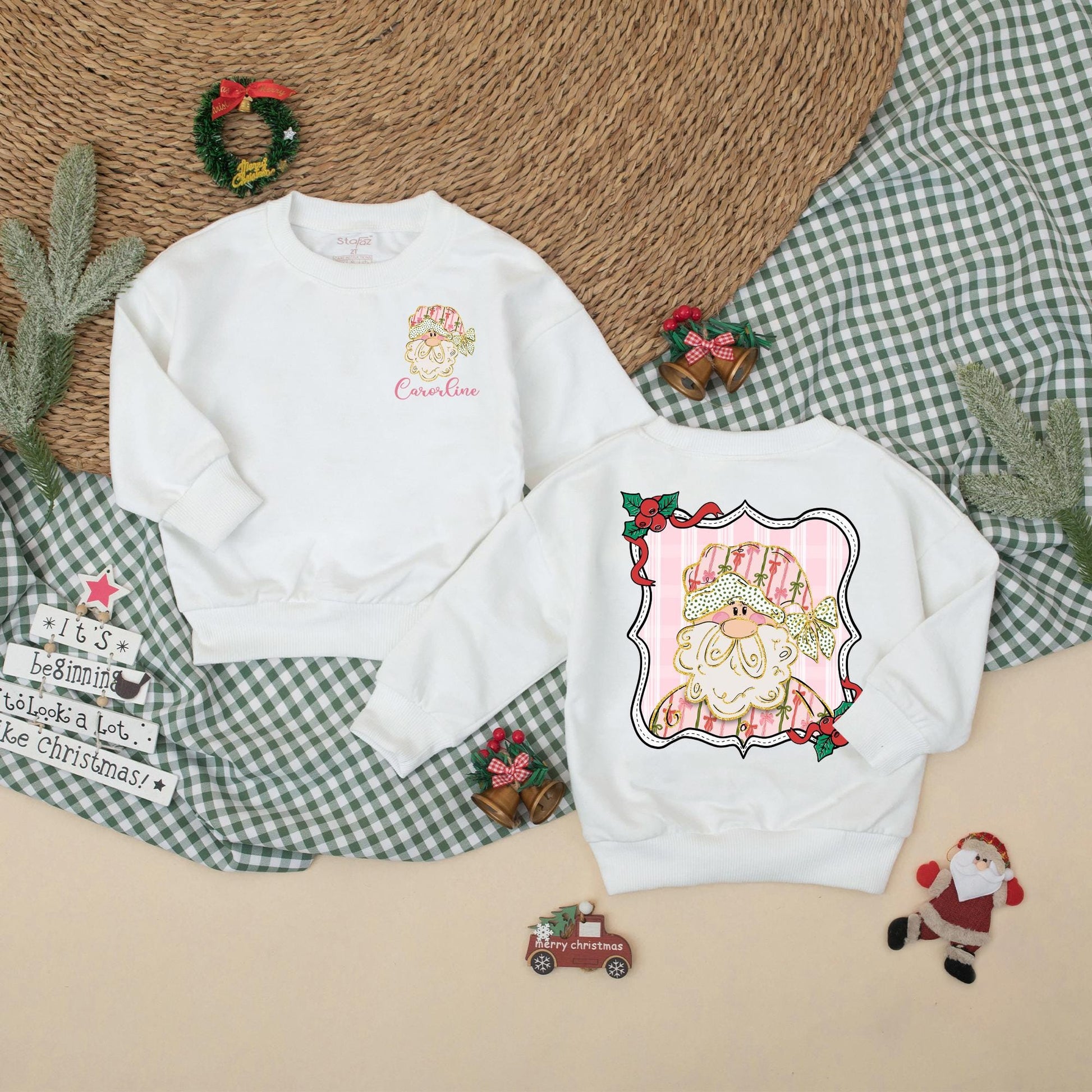 Personalized Pink Christmas Santa Bubble Romper Baby Girl Outfit, Custom Name Holiday Gift, 1st Christmas Baby Clothes