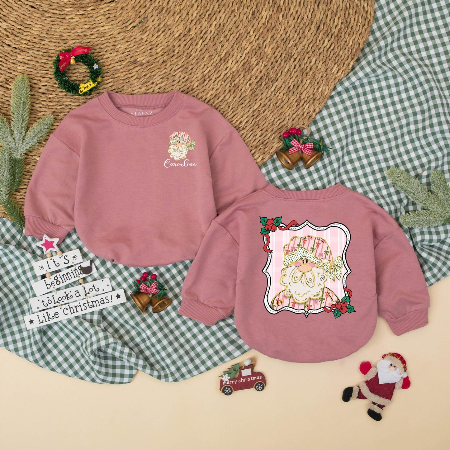 Personalized Pink Christmas Santa Bubble Romper Baby Girl Outfit, Custom Name Holiday Gift, 1st Christmas Baby Clothes