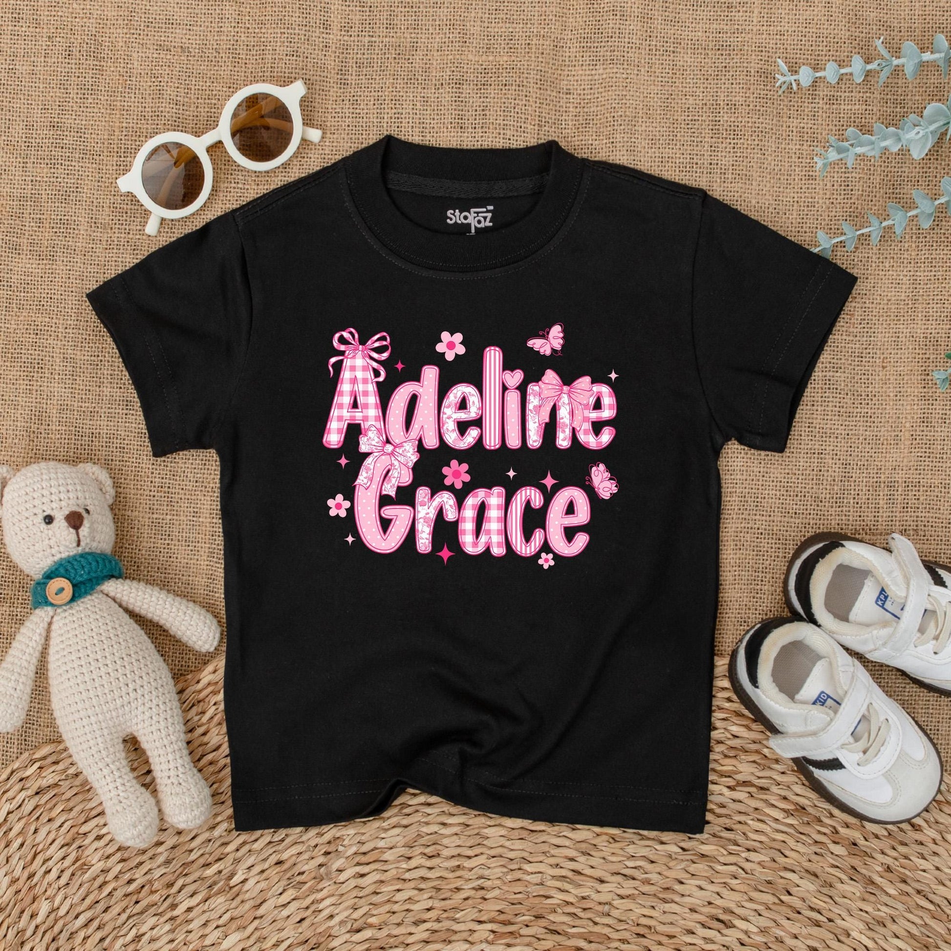 Personalized Baby Girl Romper Adeline Grace, Pink Chinoiserie Bubble Outfit, Custom Name Floral Infant Clothes, Playful Bow Baby Shower Gift 139 chars