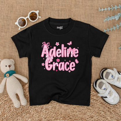 Personalized Baby Girl Romper Adeline Grace, Pink Chinoiserie Bubble Outfit, Custom Name Floral Infant Clothes, Playful Bow Baby Shower Gift 139 chars