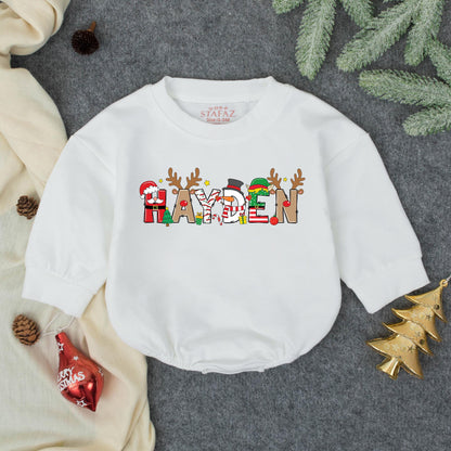 Personalized "HAYDEN" Christmas Romper: Festive Baby Boy Outfit, My First Christmas Sweatshirt, Holiday Fun! Red, Green, Brown & White Colors - Winter Gift (138)