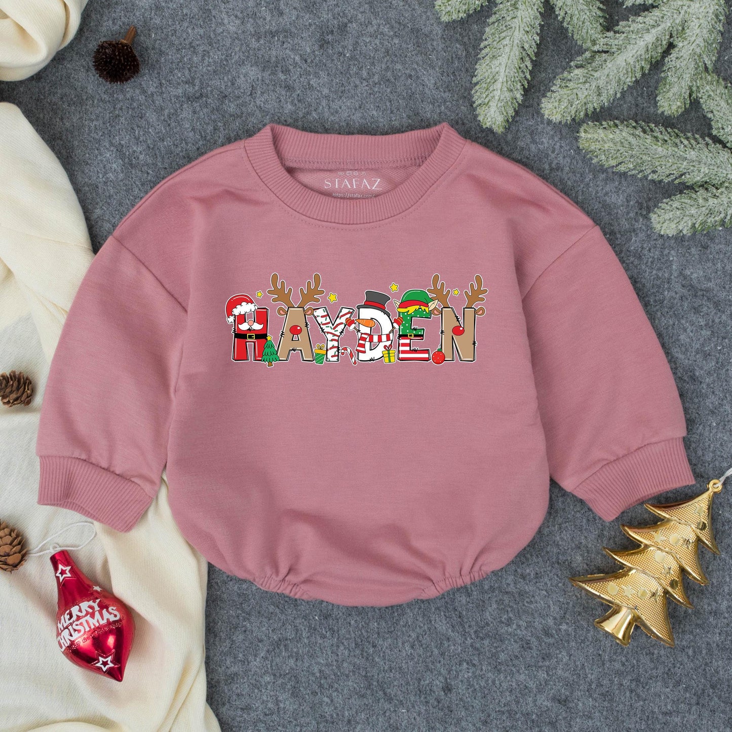 Personalized "HAYDEN" Christmas Romper: Festive Baby Boy Outfit, My First Christmas Sweatshirt, Holiday Fun! Red, Green, Brown & White Colors - Winter Gift (138)