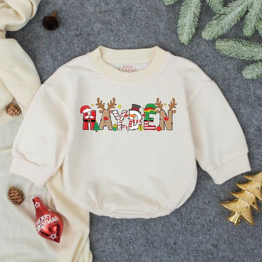 Personalized "HAYDEN" Christmas Romper: Festive Baby Boy Outfit, My First Christmas Sweatshirt, Holiday Fun! Red, Green, Brown & White Colors - Winter Gift (138)