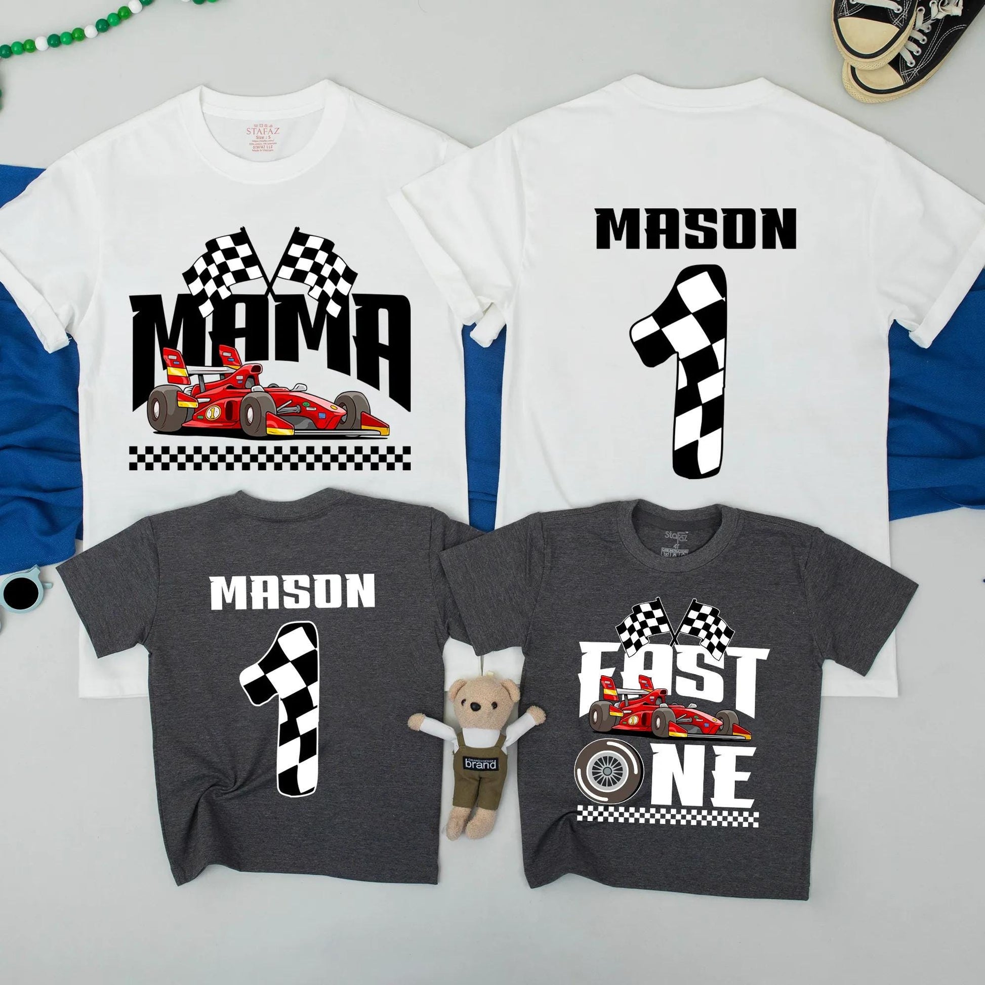Race Car Birthday Family Matching Shirts, Fast One Boy's 1st Birthday Outfit, Custom Mama Sweatshirt, Chequered Flag Design