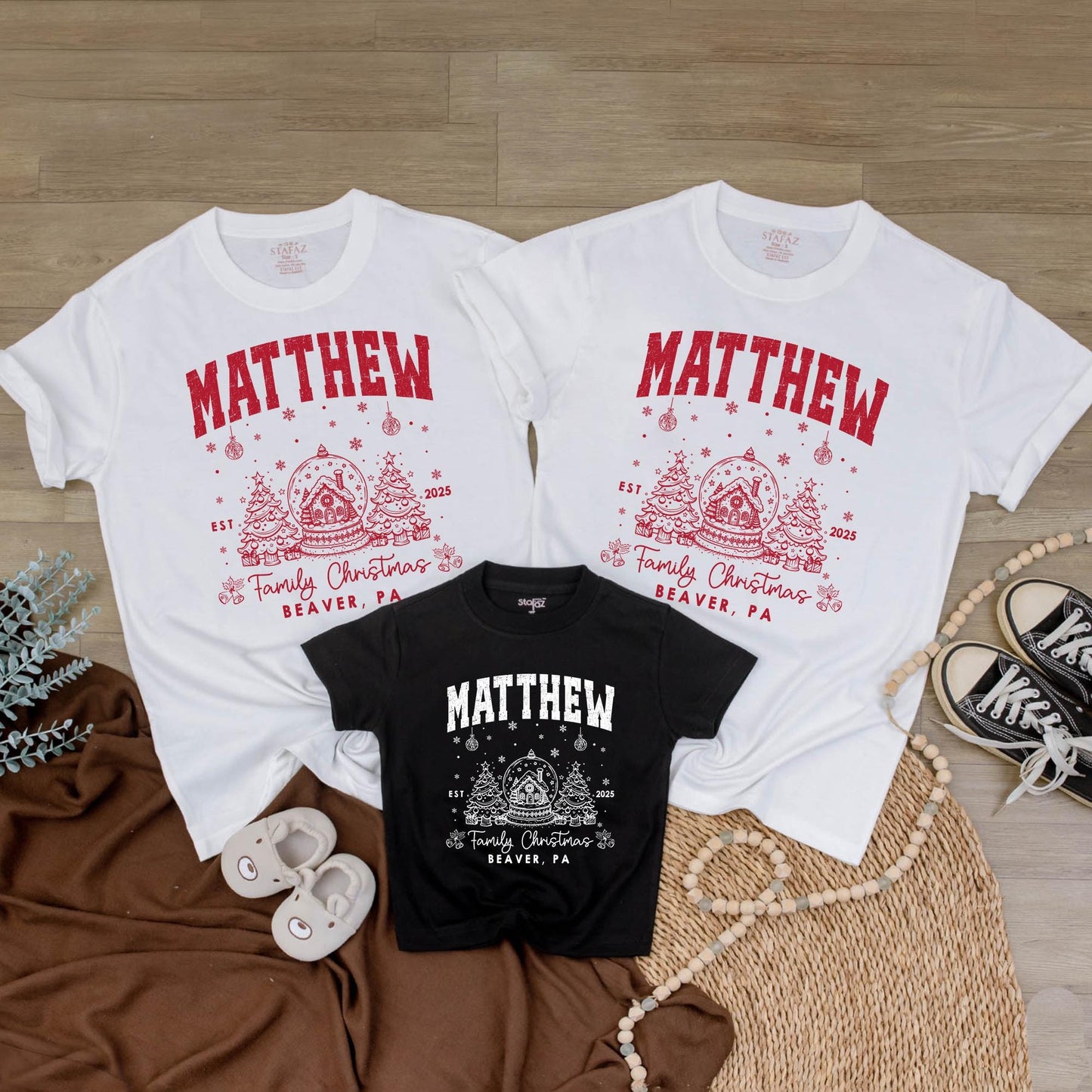 Custom Family Name Matching Christmas Shirt 2025 Vintage Collegiate Snow Globe Gingerbread Design Holiday Tee