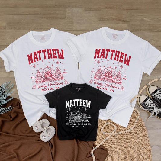 Custom Family Name Matching Christmas Shirt 2025 Vintage Collegiate Snow Globe Gingerbread Design Holiday Tee