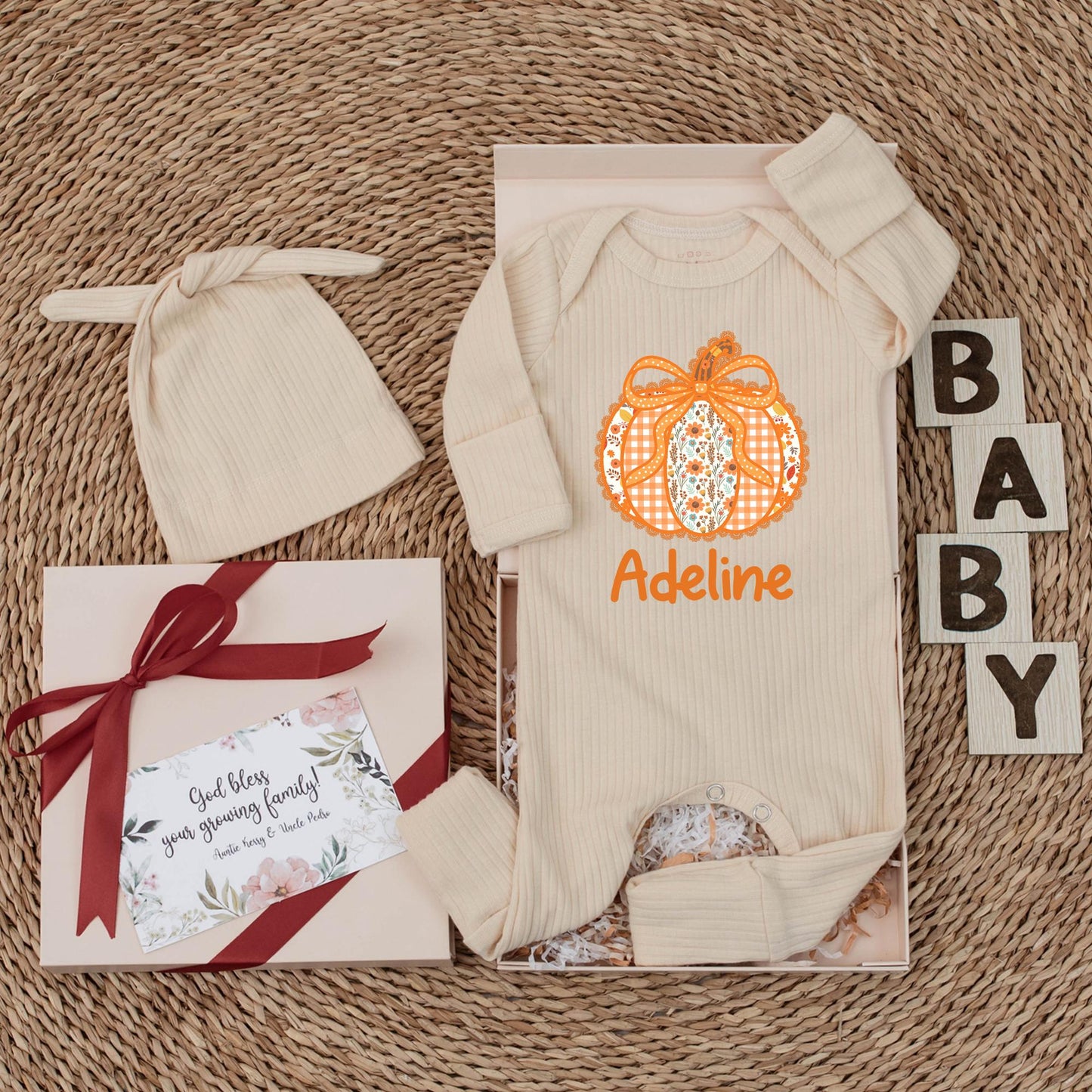 Adeline Personalized Bow Pumpkin Baby Girl Bodysuit Cute Autumn Floral Patchwork Gingham Fall Season Newborn Outfit Baby Shower Gift First Thanksgiving
