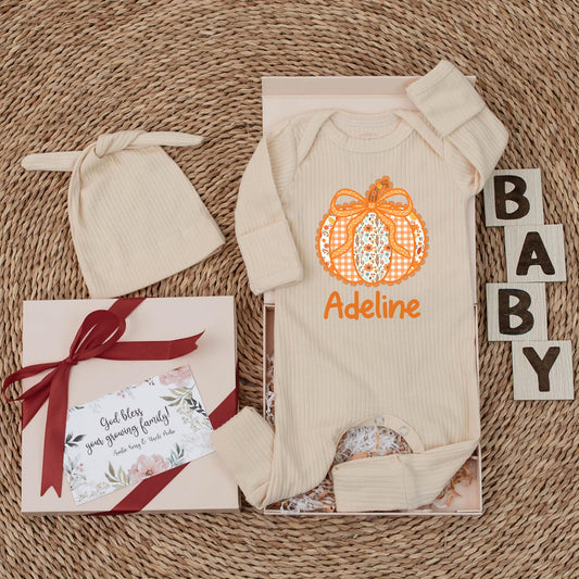 Adeline Personalized Bow Pumpkin Baby Girl Bodysuit Cute Autumn Floral Patchwork Gingham Fall Season Newborn Outfit Baby Shower Gift First Thanksgiving
