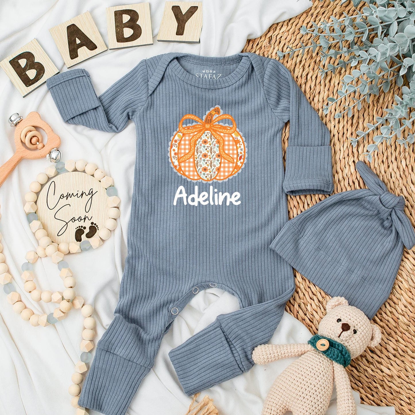 Adeline Personalized Bow Pumpkin Baby Girl Bodysuit Cute Autumn Floral Patchwork Gingham Fall Season Newborn Outfit Baby Shower Gift First Thanksgiving