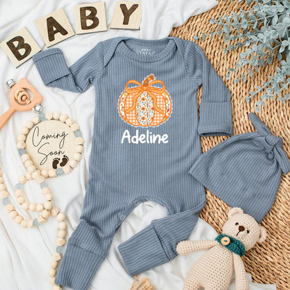 Adeline Personalized Bow Pumpkin Baby Girl Bodysuit Cute Autumn Floral Patchwork Gingham Fall Season Newborn Outfit Baby Shower Gift First Thanksgiving