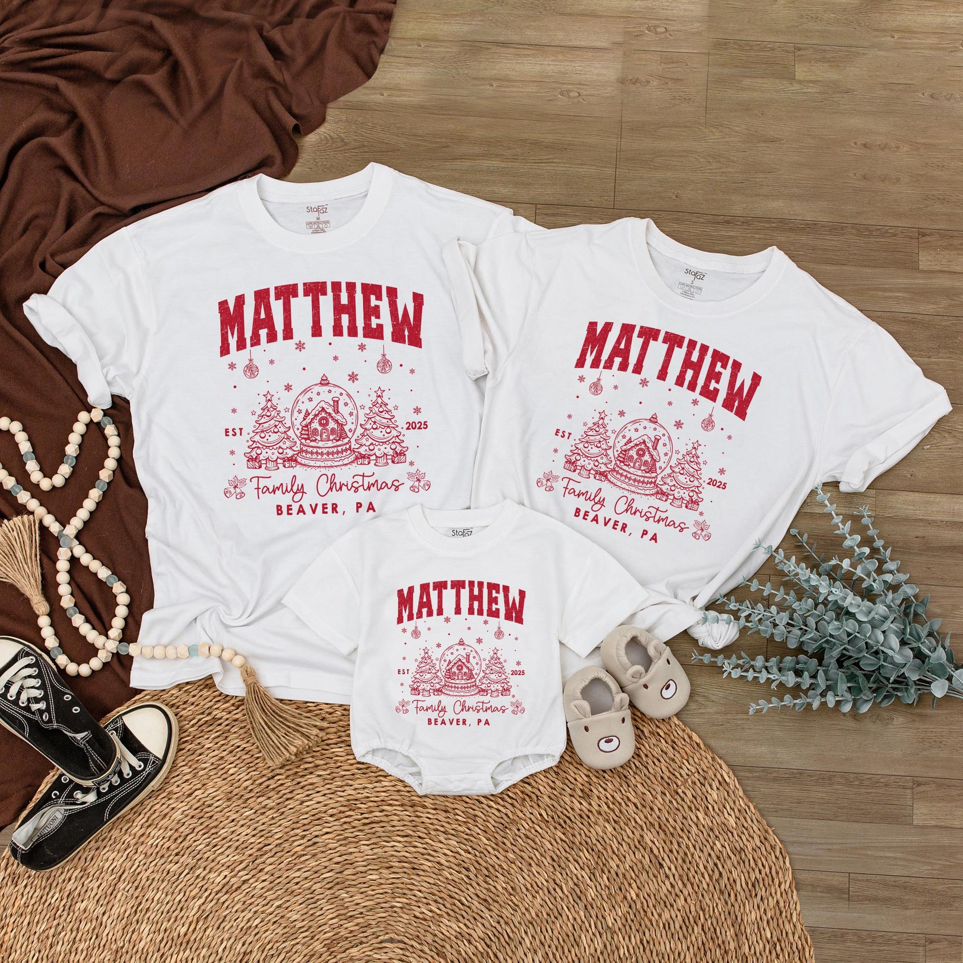 Custom Family Name Matching Christmas Shirt 2025 Vintage Collegiate Snow Globe Gingerbread Design Holiday Tee