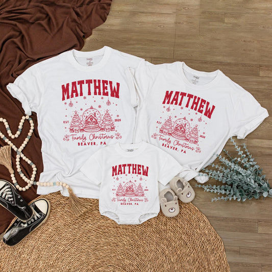 Custom Family Name Matching Christmas Shirt 2025 Vintage Collegiate Snow Globe Gingerbread Design Holiday Tee
