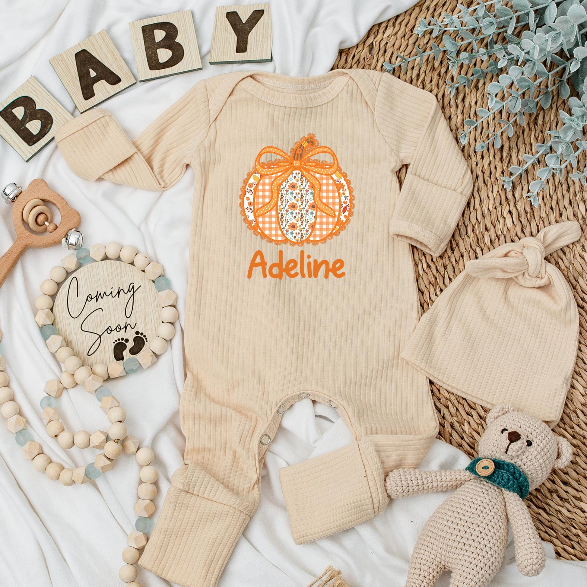 Adeline Personalized Bow Pumpkin Baby Girl Bodysuit Cute Autumn Floral Patchwork Gingham Fall Season Newborn Outfit Baby Shower Gift First Thanksgiving