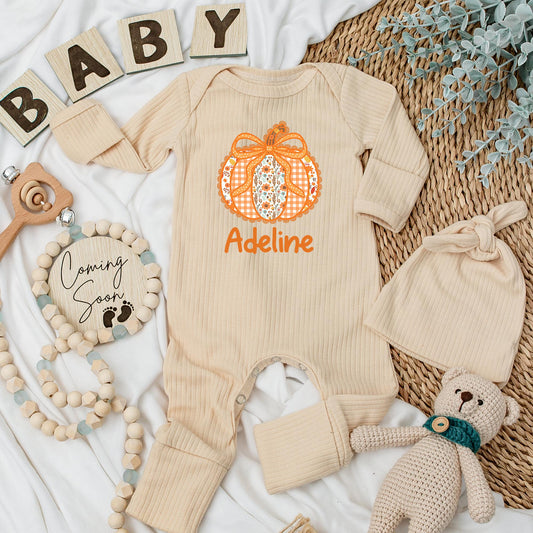 Adeline Personalized Bow Pumpkin Baby Girl Bodysuit Cute Autumn Floral Patchwork Gingham Fall Season Newborn Outfit Baby Shower Gift First Thanksgiving