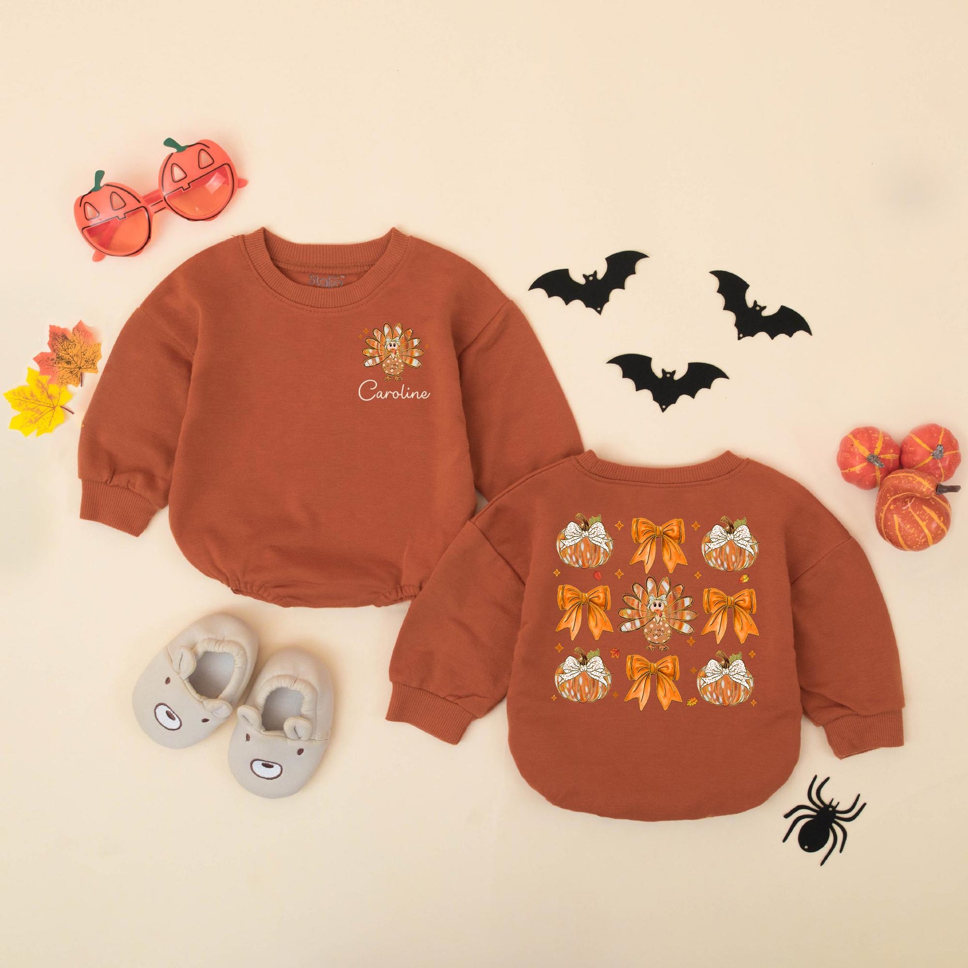 Personalized Caroline Turkey Pumpkin Bow Bubble Romper Cute Baby Girl Thanksgiving Outfit Warm Fall Colors Festive Little Turkey Gift 137