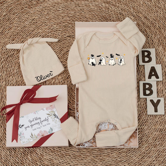 Personalized Halloween Baby Bodysuit with Cute Spooky Ghosts & Black Cats Design My First Spooky Season Newborn Infant Outfit Yellow Star Bat Accents Shower Gift