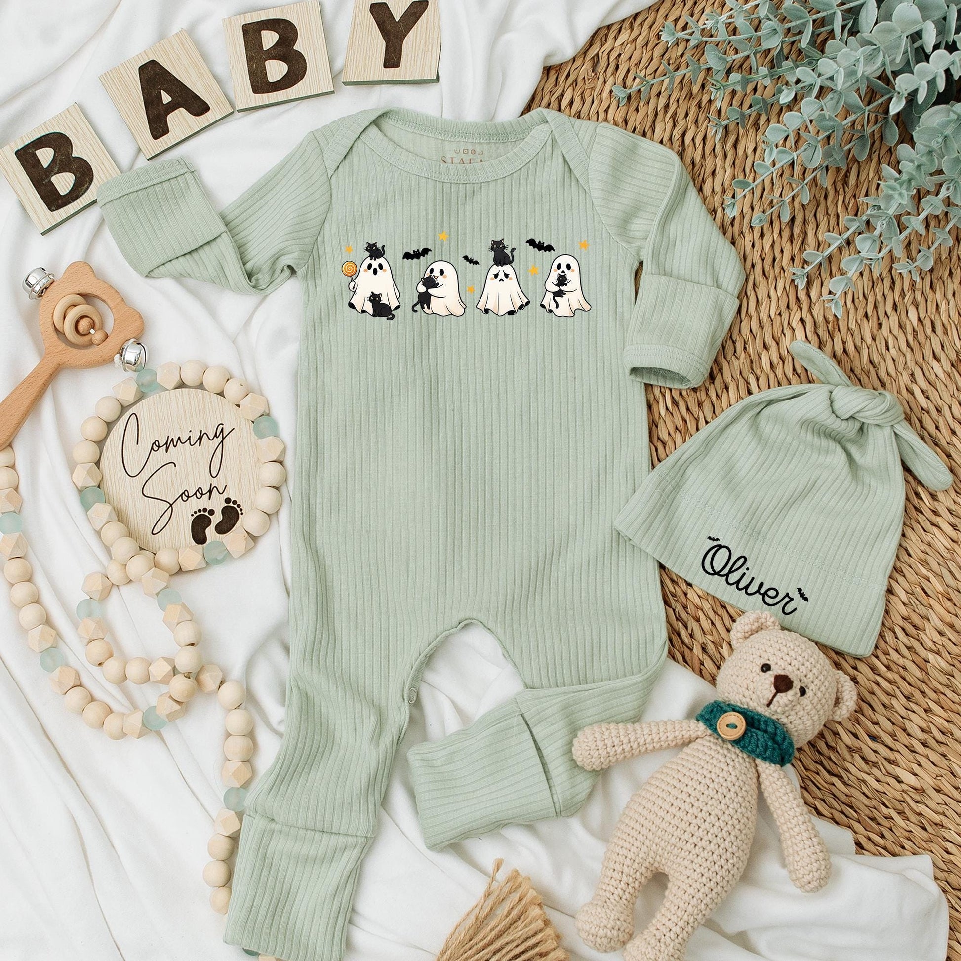 Personalized Halloween Baby Bodysuit with Cute Spooky Ghosts & Black Cats Design My First Spooky Season Newborn Infant Outfit Yellow Star Bat Accents Shower Gift