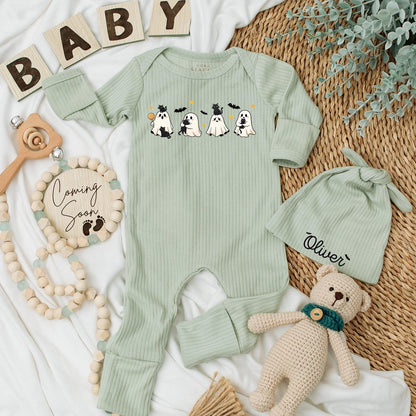Personalized Halloween Baby Bodysuit with Cute Spooky Ghosts & Black Cats Design My First Spooky Season Newborn Infant Outfit Yellow Star Bat Accents Shower Gift
