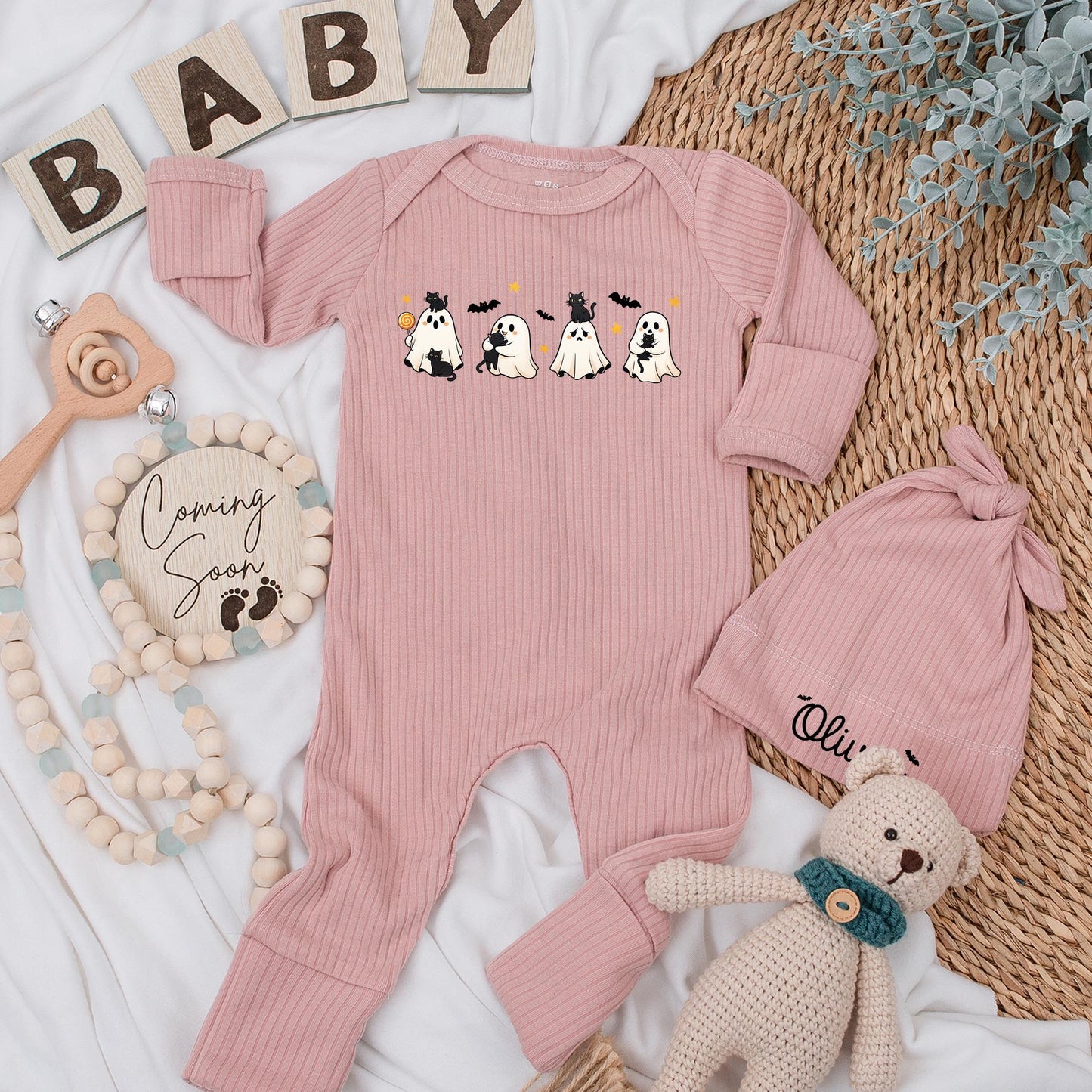Personalized Halloween Baby Bodysuit with Cute Spooky Ghosts & Black Cats Design My First Spooky Season Newborn Infant Outfit Yellow Star Bat Accents Shower Gift
