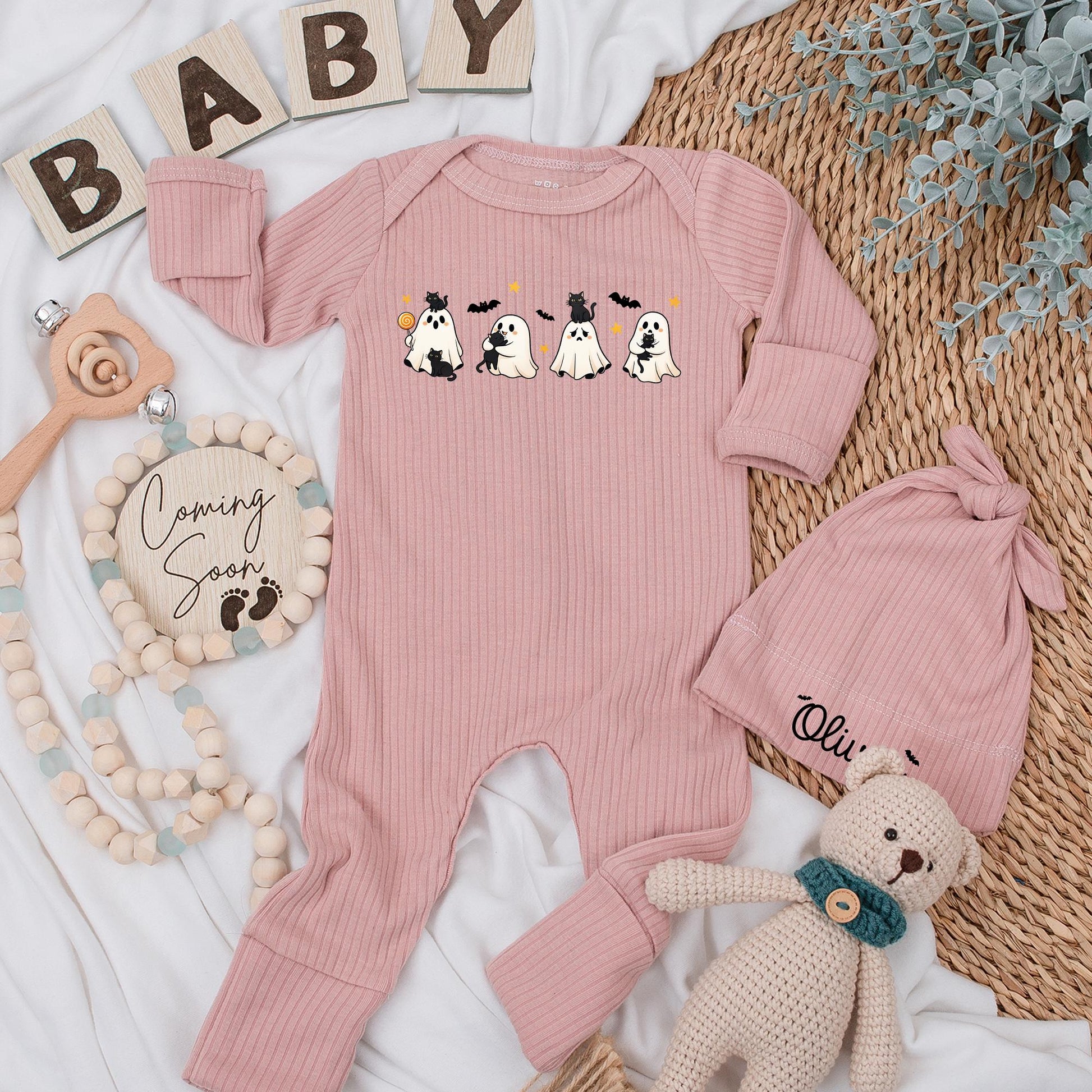 Personalized Halloween Baby Bodysuit with Cute Spooky Ghosts & Black Cats Design My First Spooky Season Newborn Infant Outfit Yellow Star Bat Accents Shower Gift