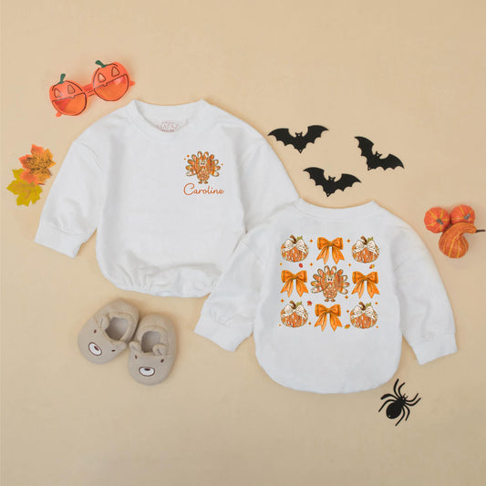 Personalized Caroline Turkey Pumpkin Bow Bubble Romper Cute Baby Girl Thanksgiving Outfit Warm Fall Colors Festive Little Turkey Gift 137