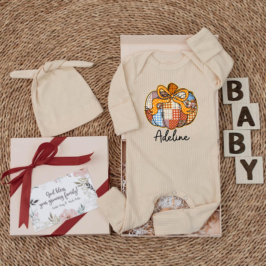 Adeline Personalized Pumpkin Patch Baby Girl Bodysuit Cute Autumn Floral Polka Dot Plaid Warm Fall Newborn Gift