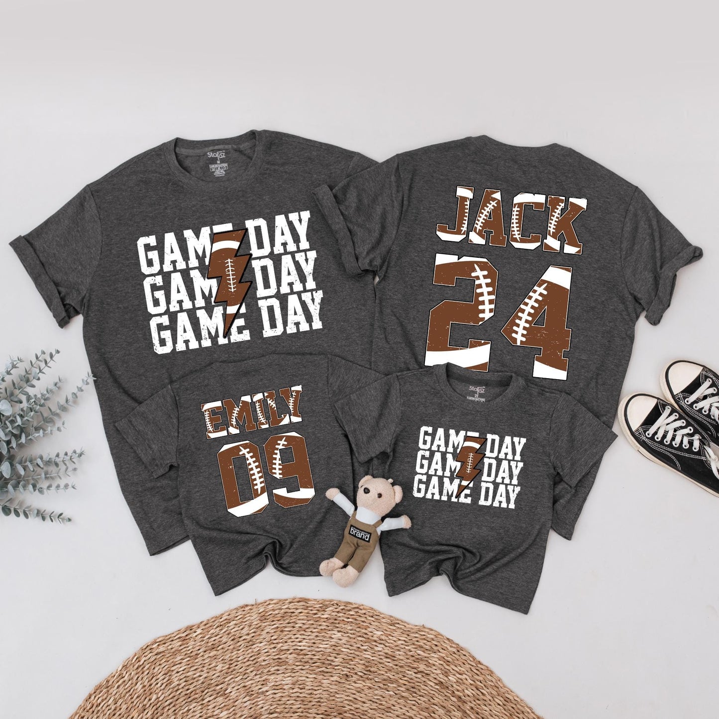 Matching Football Game Day Shirts, Personalized Custom Name & Number Family Outfit, Brown Football Texture Design, Touchdown Season Sports Tee