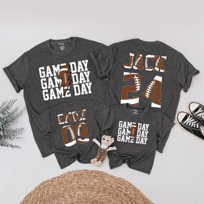 Matching Football Game Day Shirts, Personalized Custom Name & Number Family Outfit, Brown Football Texture Design, Touchdown Season Sports Tee