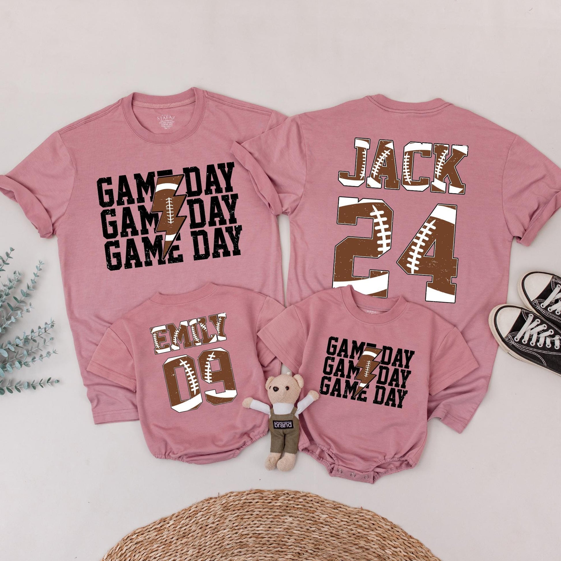 Matching Football Game Day Shirts, Personalized Custom Name & Number Family Outfit, Brown Football Texture Design, Touchdown Season Sports Tee