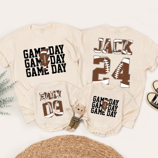 Matching Football Game Day Shirts, Personalized Custom Name & Number Family Outfit, Brown Football Texture Design, Touchdown Season Sports Tee