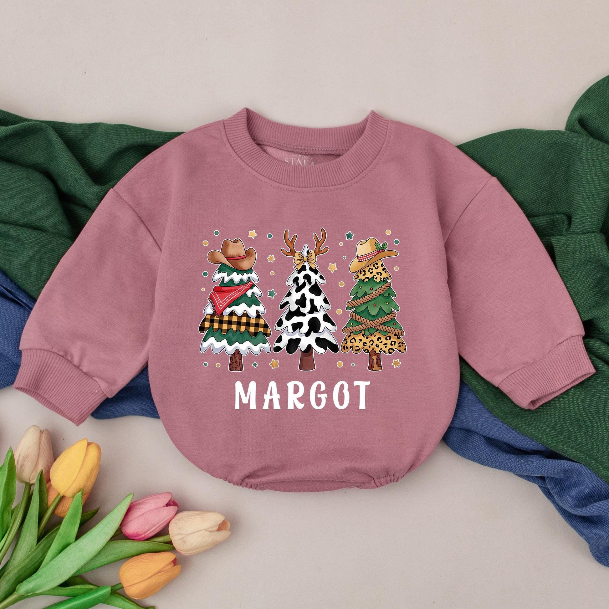 Personalized Western Christmas Baby Romper Margot Custom Name Baby Shower Winter Outfit with Cowboy Hat Cow Print & Leopard Trees