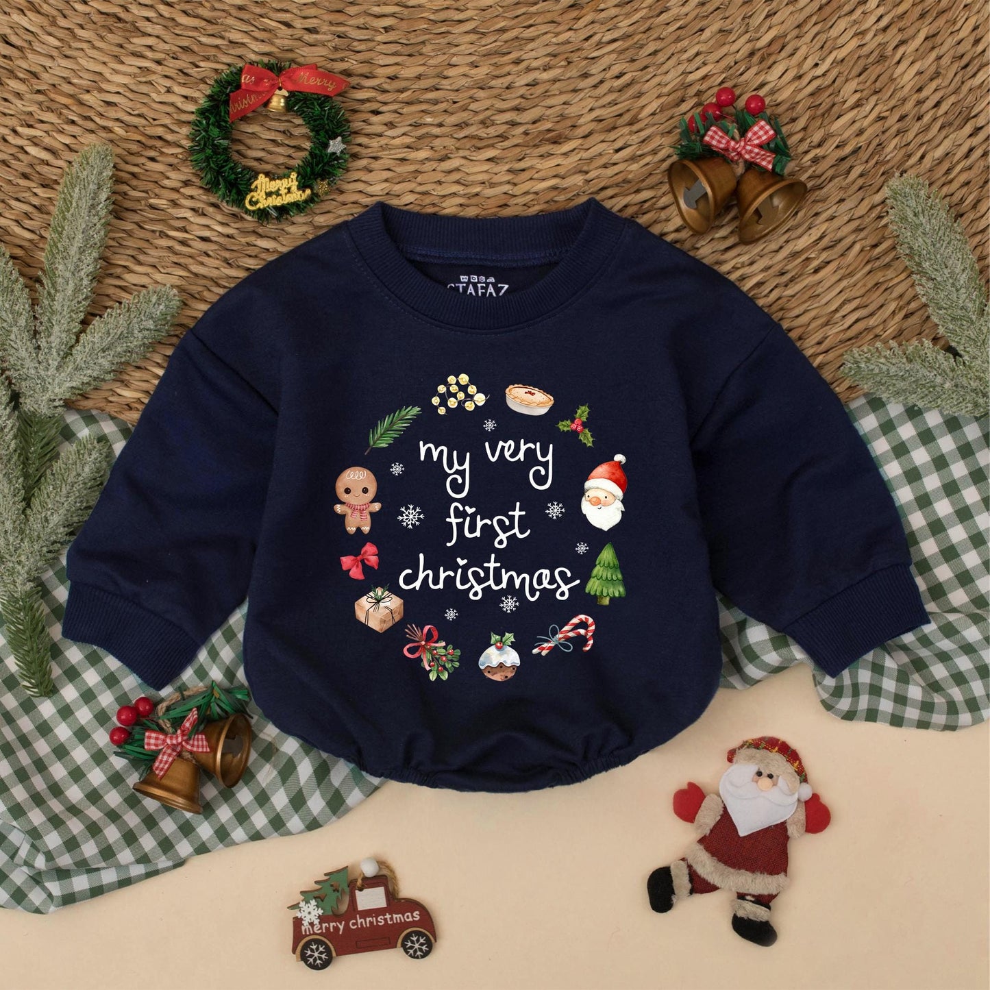 My First Christmas Bubble Romper Adorable Gingerbread Santa Tree Gift Newborn Baby Boy Girl Holiday Outfit Soft Muted Colors