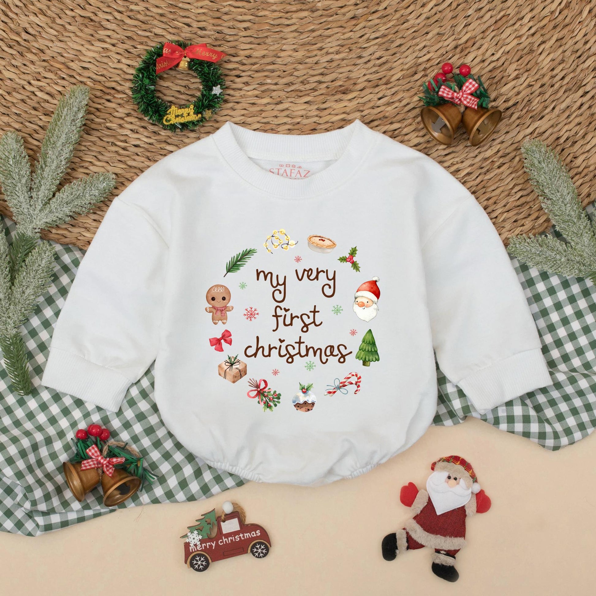 My First Christmas Bubble Romper Adorable Gingerbread Santa Tree Gift Newborn Baby Boy Girl Holiday Outfit Soft Muted Colors