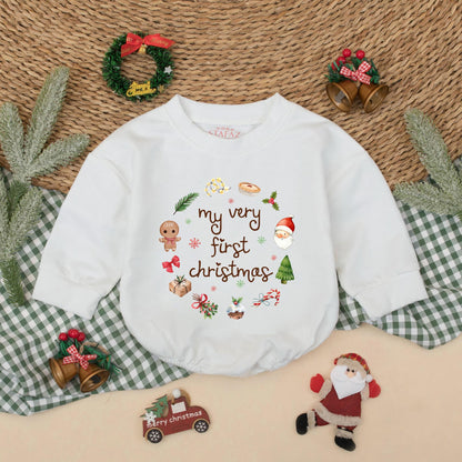 My First Christmas Bubble Romper Adorable Gingerbread Santa Tree Gift Newborn Baby Boy Girl Holiday Outfit Soft Muted Colors