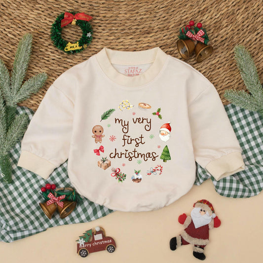 My First Christmas Bubble Romper Adorable Gingerbread Santa Tree Gift Newborn Baby Boy Girl Holiday Outfit Soft Muted Colors