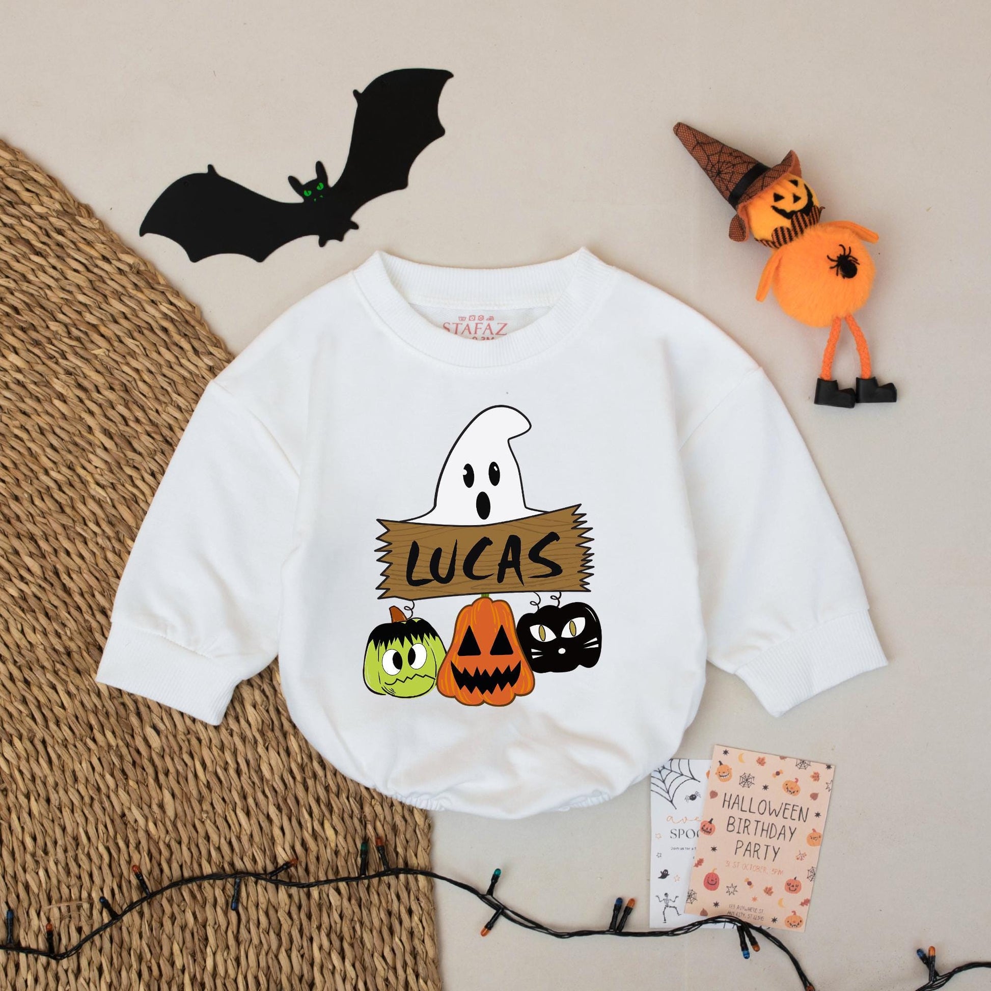 Personalized Lucas Ghost Sign Halloween Baby Romper Retro Fall Outfit Custom Name Baby Boy or Girl Clothes Spooky Costume Gift